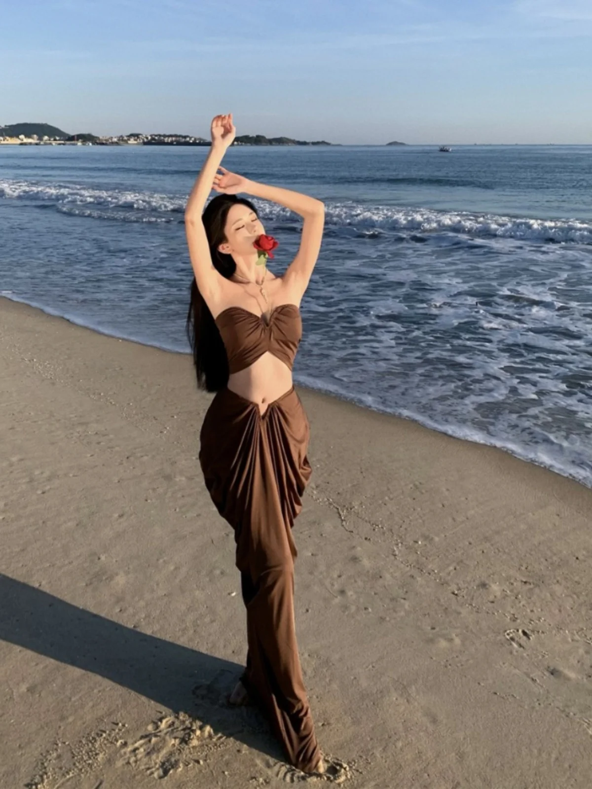 Sexy gebreide rok tweedelige set strandvakantie dames hoge taille elastische stof zomer lange mouw X-ape Dr