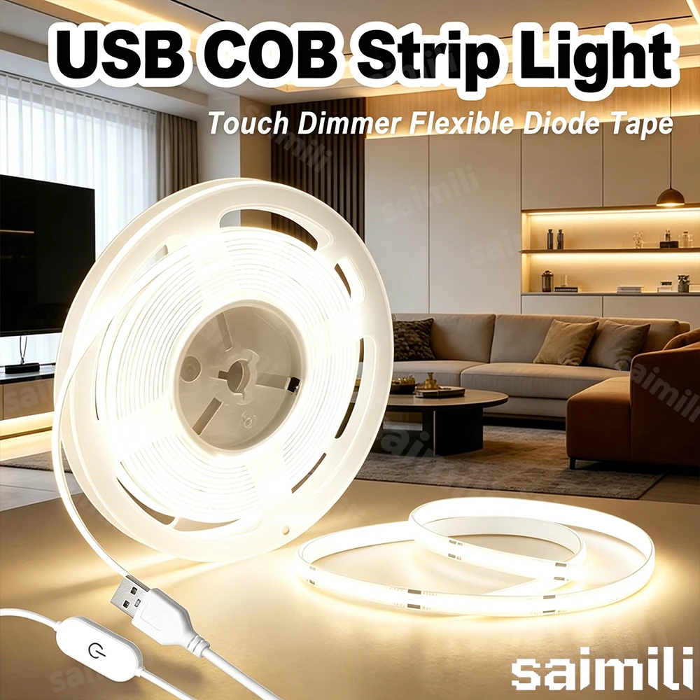 1-5M USB Power COB LED Strip Light Touch Switch Dimmable For Indoor Lighting Living Room Bedroom Wardrobe TV Background Kitchen