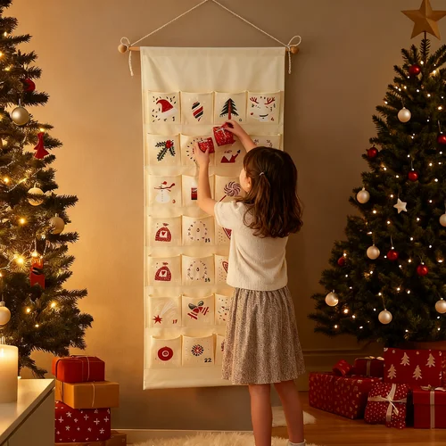 Imagen 2 del producto Calendario de Adviento de Navidad, 24 bolsillos, lienzo personalizable, organizador para colgar en la pared, decoración festiva con tacto personalizado, reutilizable