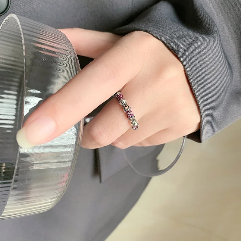 S925 Genuine Silver Bamboo And Diamond-Inlaid Opening Lady's Ring High-End Luxury Design Adjustable Size Ring Female New Fashion