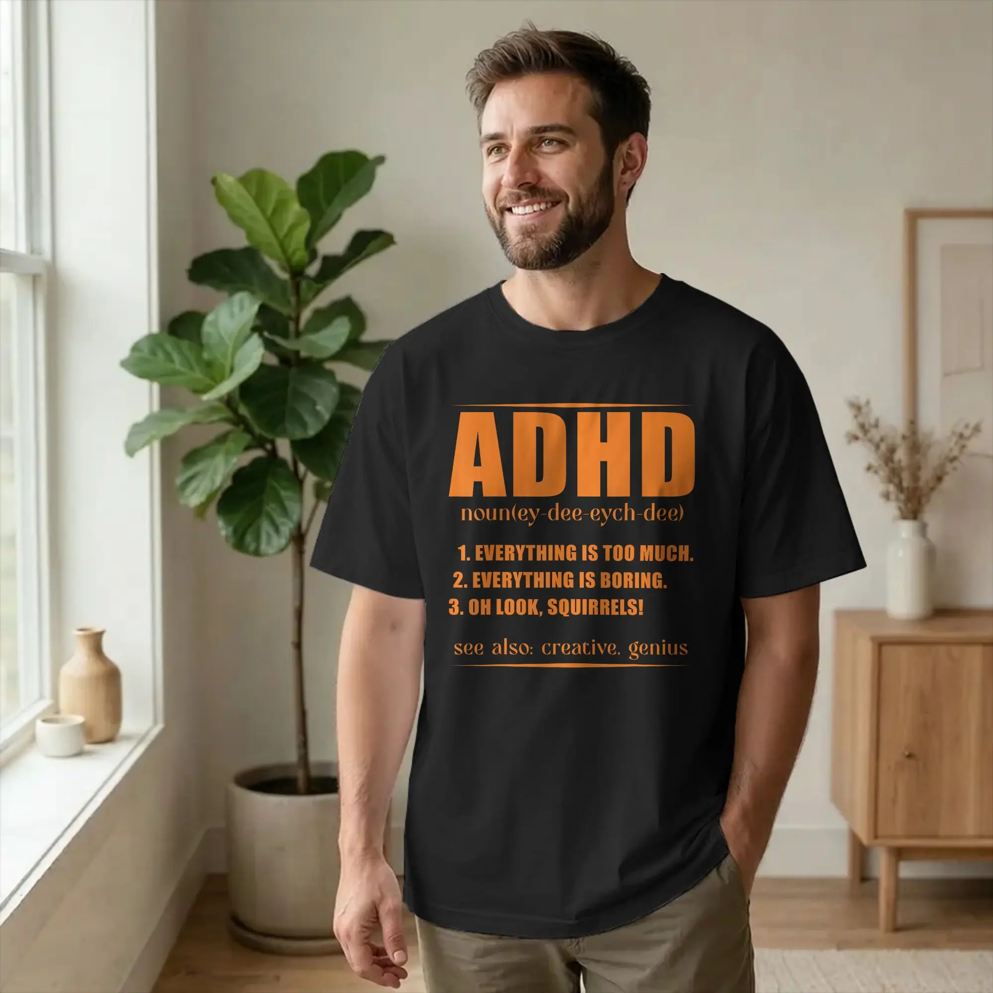 ADHD Definition Awareness Neurodivergent T-Shirt Men Orange Vintage Cotton Tee Crewneck Short Sleeve T Shirts Graphic Clothing