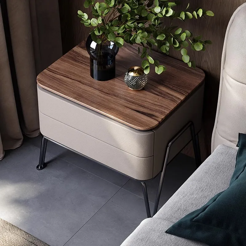 Light Luxury Walnut Bedside Table Villa Bedroom Home Bedside Locker Natural Marble Bedside Cabinet
