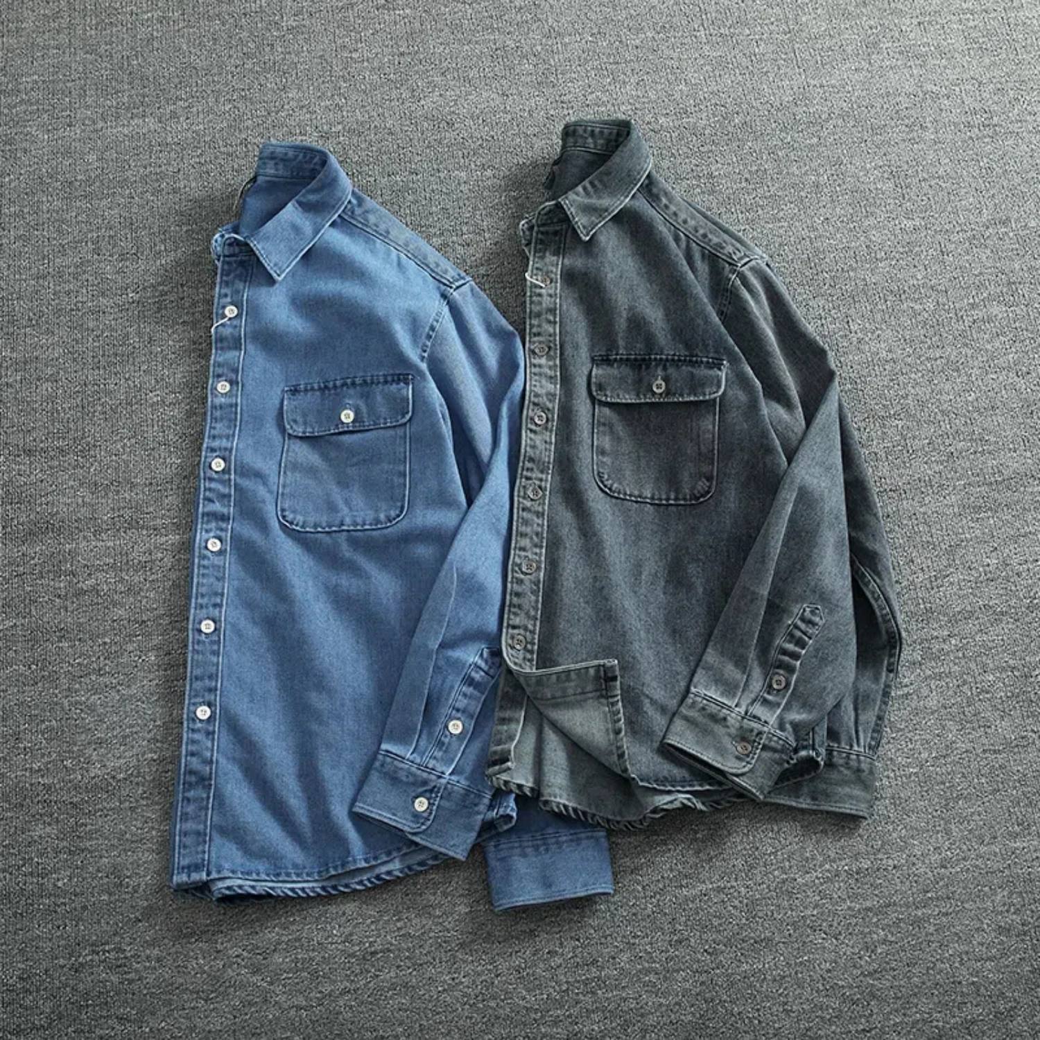 

Wash to do old blue cargo denim shirt men long sleeve fashion brand men's multi-pocket loose casual shirt coat