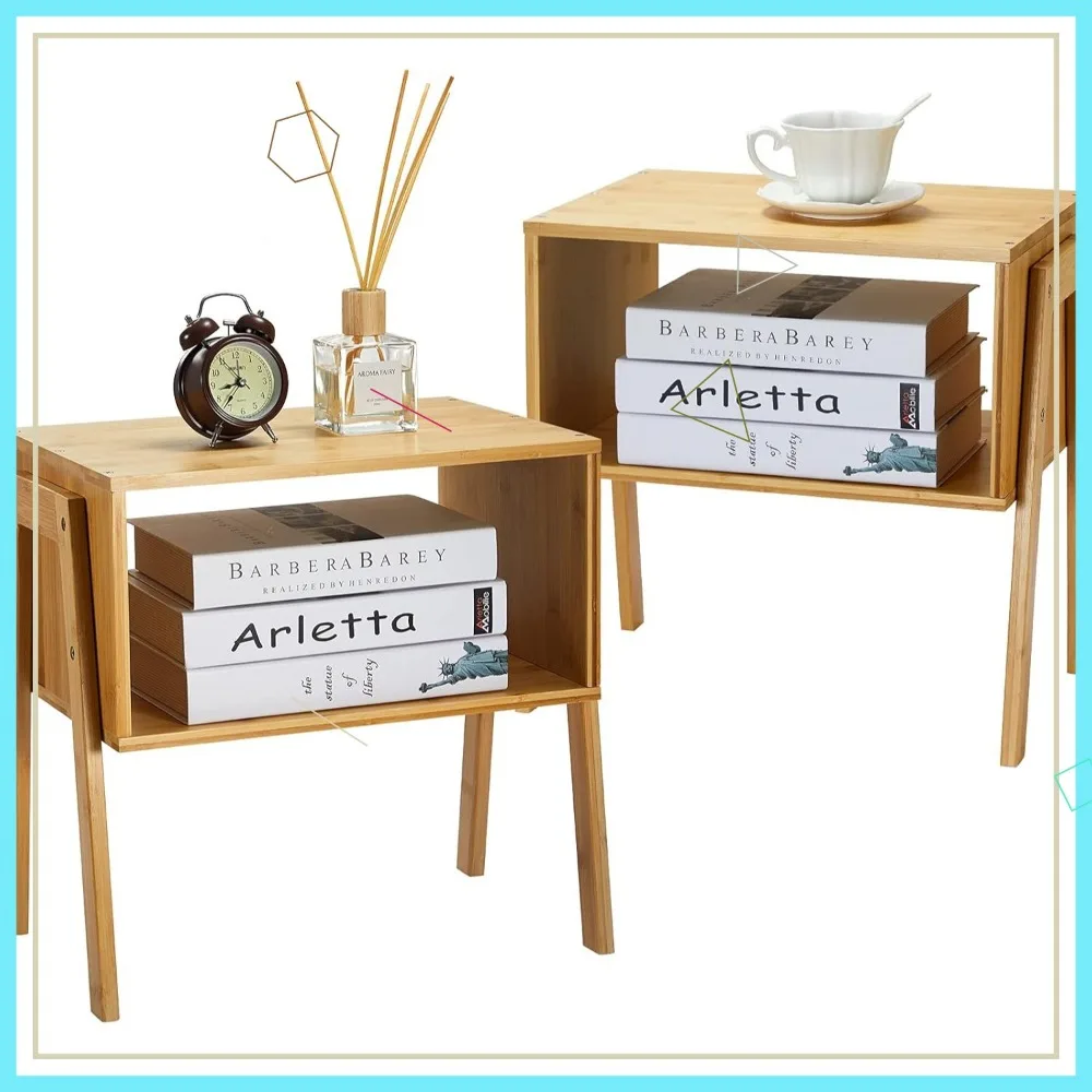 

Stackable Bamboo End Tables, Wood Nightstand for Bedroom Storage, 2-Piece Set