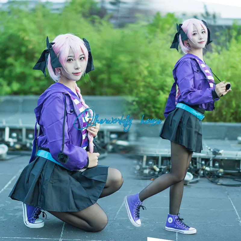 Fate/Apocrypha Astolfo Cosplay Costume Women Men Daily Purple Black Sports Wear Halloween Role Play Lovely Wig Coat Skirt Suit