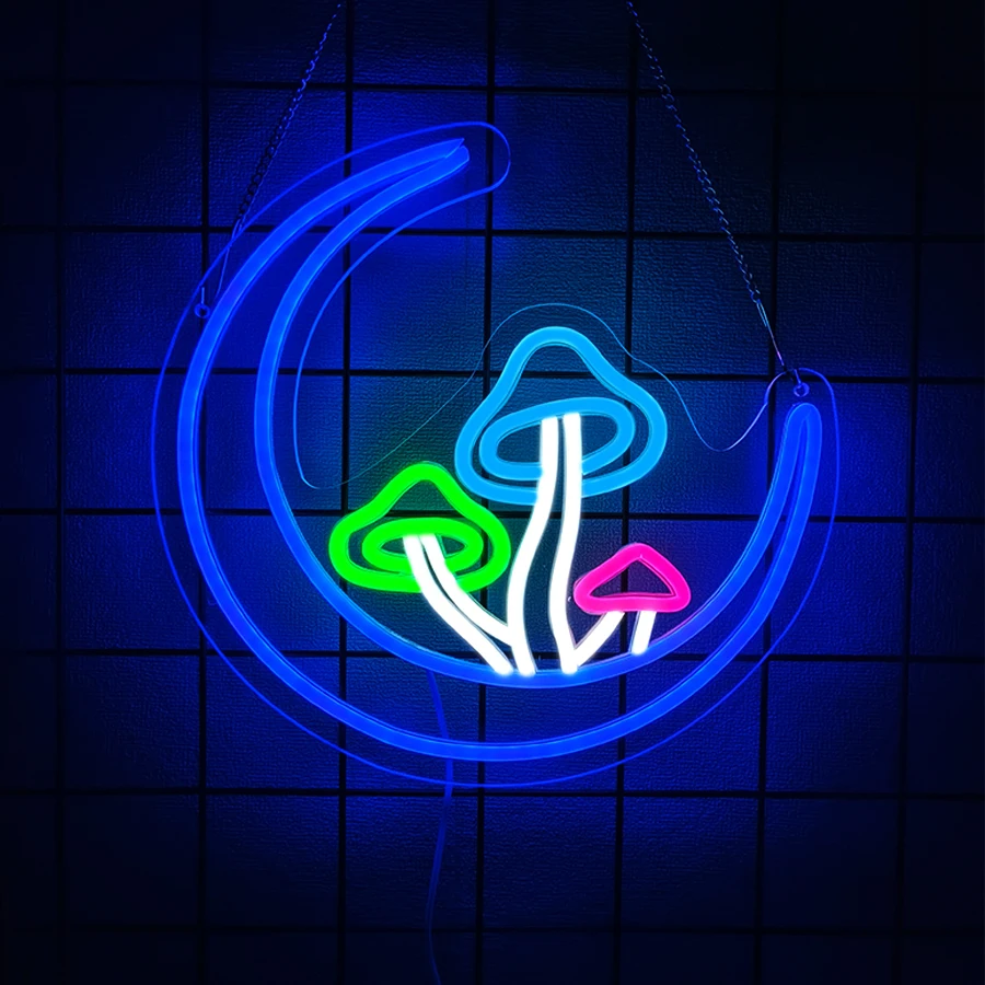 Moon Mushroom Neon Sign USB Powered LED Light Up Wall Decor Sign for Girls Room Living Room Home Bar Party Retail Shop Gift ﻿