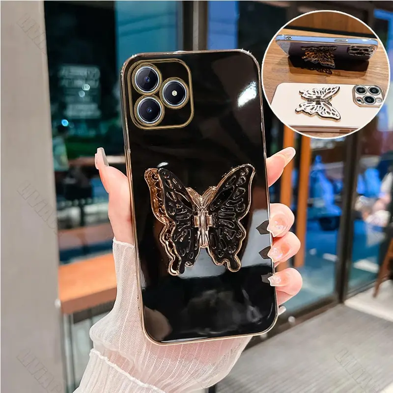 Butterfly Plating Holder Phone Case On For Oppo Realme GT neo 2 3 5 5S V3 V5 V11 V13 V15 V20 V30 Q3 Q3i Pro X7 Pro Stand Cover