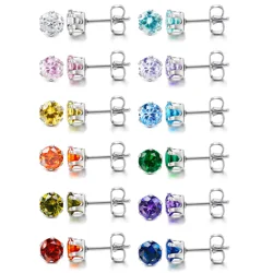 1-12 Pairs Stainless Steel Sparkling Brilliant Cut Round Cubic Zirconia Birthstone Stud Earrings for Women Men Size 3-8mm