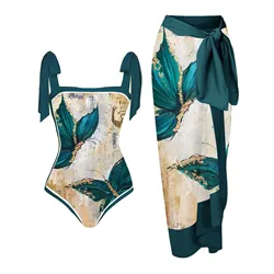 Vintage Print Women'S Swimsuit Monokini Bikini 2 Piece Swimsuits Floral Print 1 Piece Swimwear+1 Piece Cover Up Two Piece Set