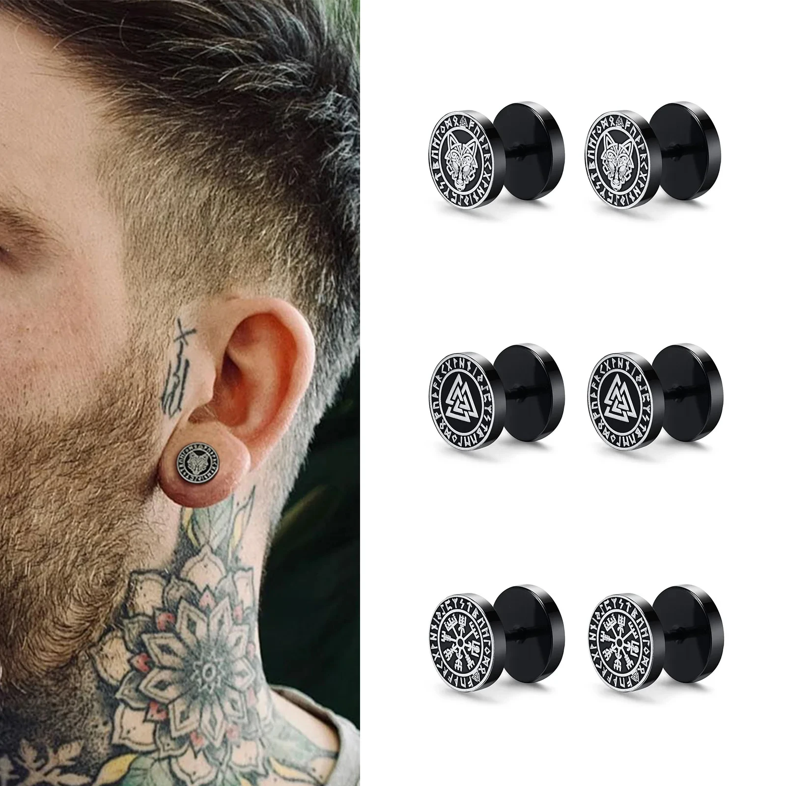 Gothic Norse Viking Runes Stud Earrings for Men Boys Rock Punk Stainless Steel Valknut Wolf Head Compass Celtic Knot Earrings