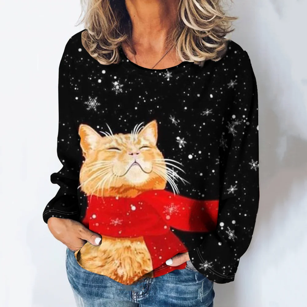 Fashions Women\'s T-Shirts Cute Kitten Print Girl Summer Harajuku Loose Casual Clothing Kawaii Round-Neck Long Sleeve T-Shirts