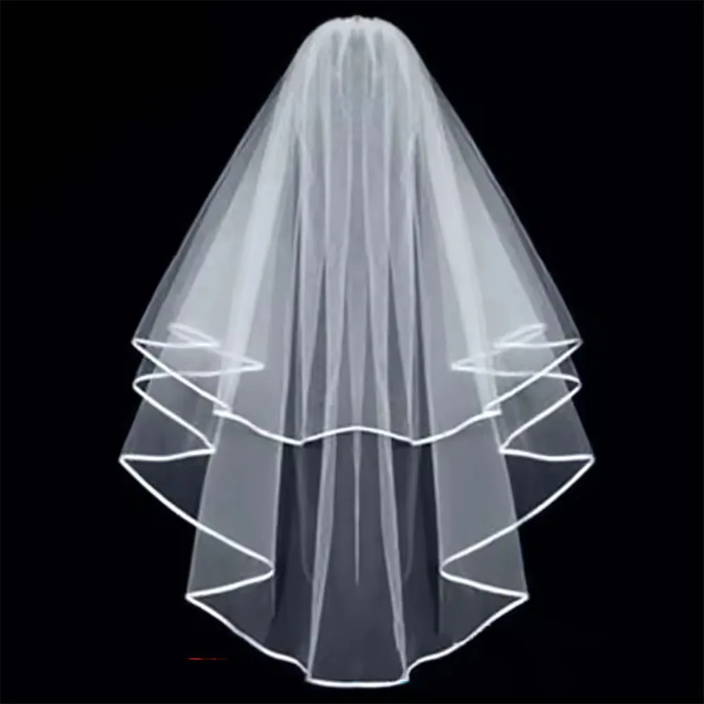 Simple 2 Layers Ribbon Edge Bridal Veils with Comb Fingertip Soft Tulle Bride Marriage Short Wedding Veil Accessories