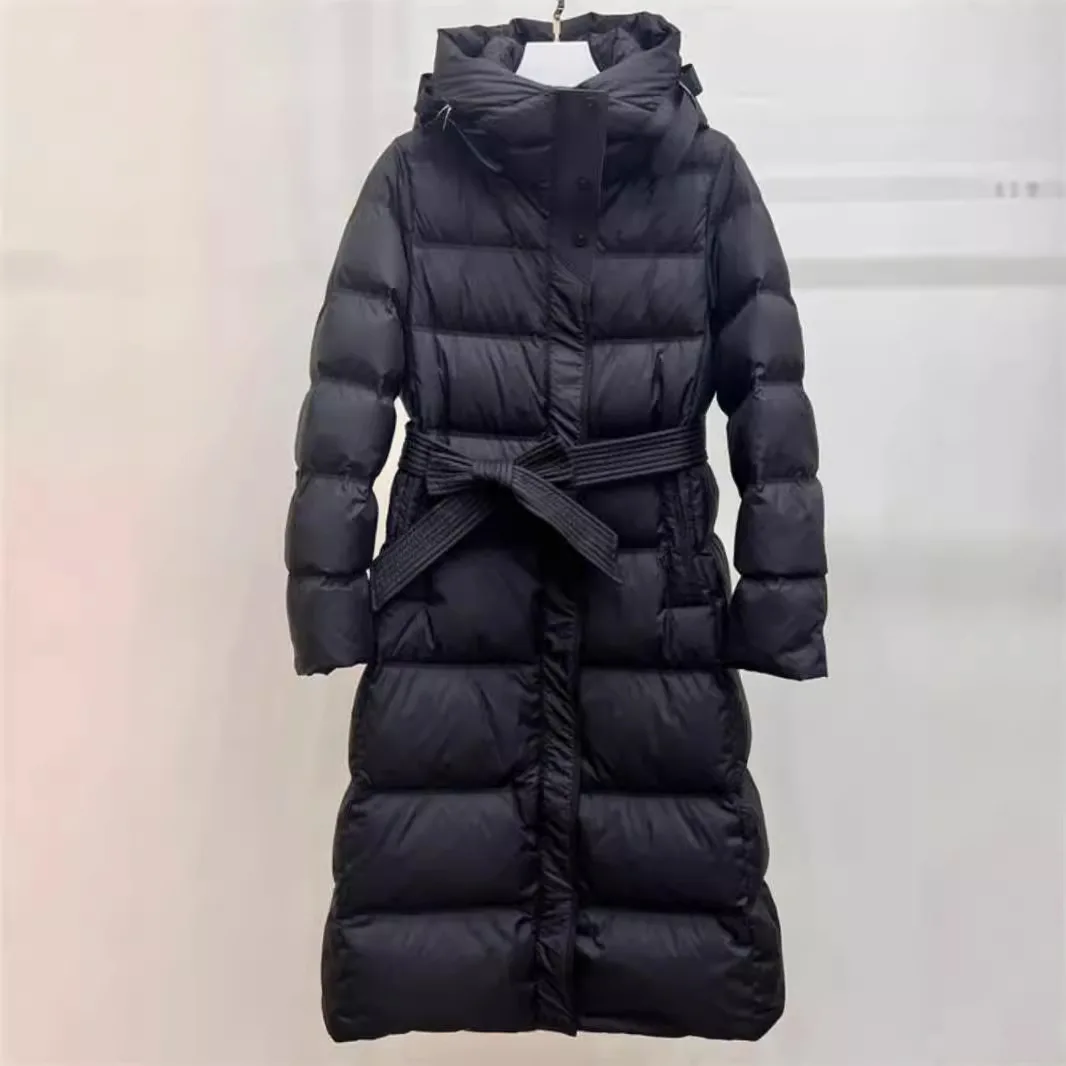 Women's Long Down Jacket Fitted Coat Below The Knee Autumn Winter New Style Hooded Fitted Waist Slimming Belted Warm Jacket