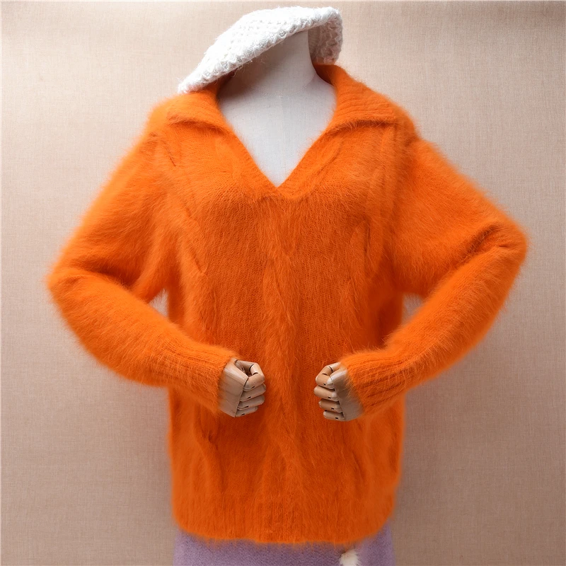 

Ladies Women Autumn Winter Outwear Hairy Mink Cashmere Knitted Turn-Down Neck Loose Pullover Angora Sweater Jumper Pull Tops