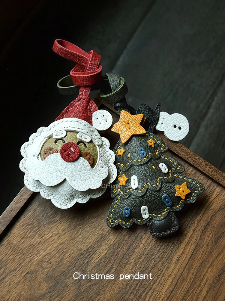 cute-santa-christmas-tree-goat-leather-bag-charm-handmade-wax-thread-saddle-stitch-original-design-holiday-gift