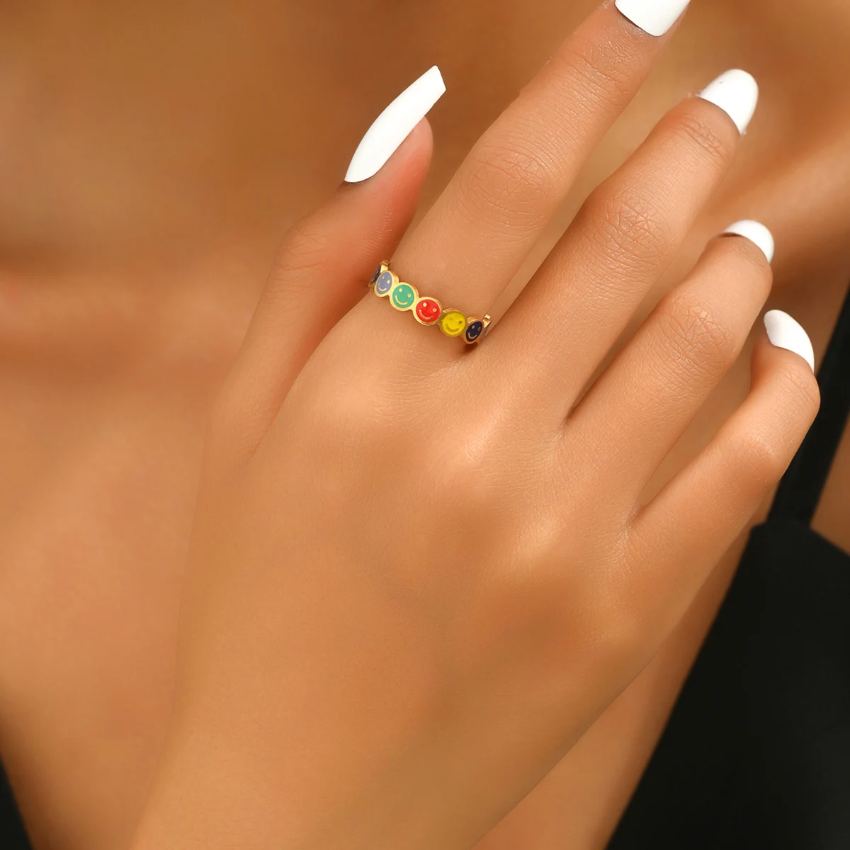 خاتم J24 Rainbow Smiling من الفولاذ المقاوم للصدأ، خاتم مفتوح عصري وأنيق للنساء، خاتم إصبع السبابة الإبداعي #4