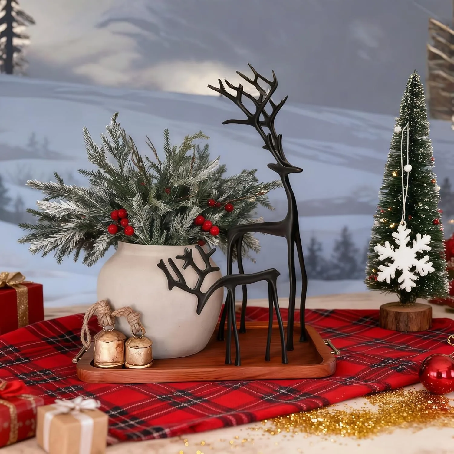 Christmas Decorations - Set of 2 Black Reindeer Statues, Modern Xmas Figurines, Elegant Indoor Holiday Table Centerpieces