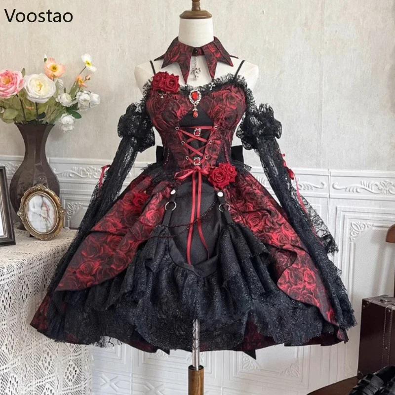 

Victorian Elegant Lolita Dress Set Women Gothic Rose Flower Bandage Halloween Party Dress With Black Lace Sleeve Princess Dress