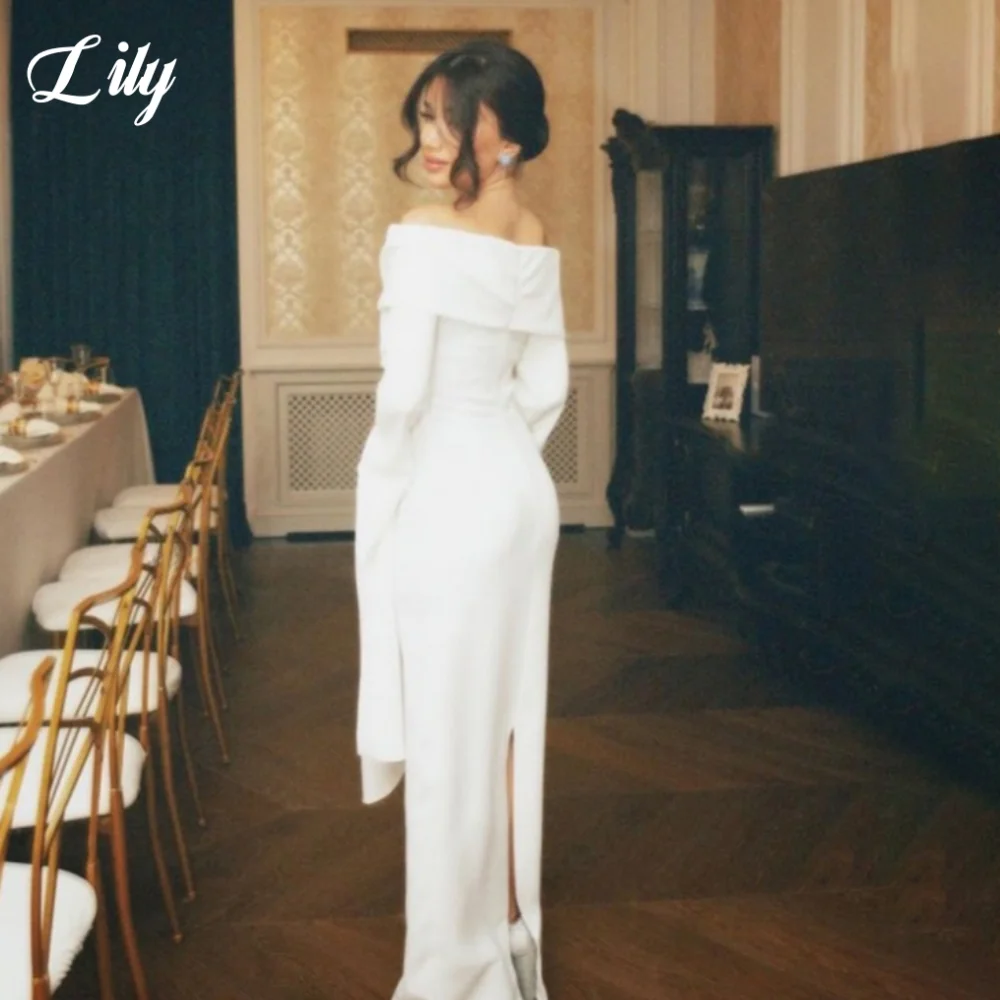 Lily blanc élégant robes de célébrité hors de l'épaule sirène robes de bal Satin dos fendu robe formelle pour femme personnalisé