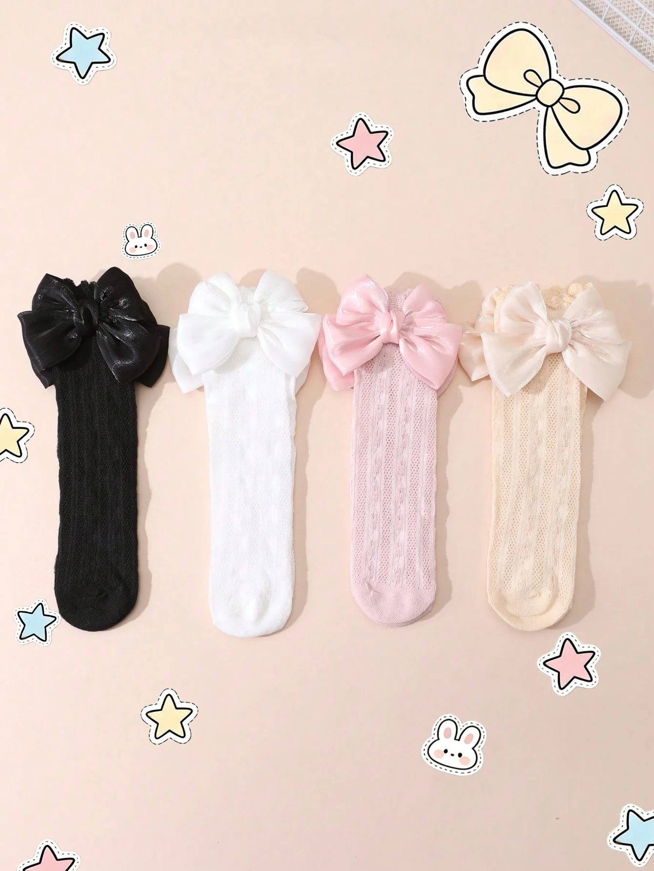 4 Pairs of Baby Girls' Cute Bow Decoration Mid-Calf Socks, Soft Mesh Breathable Socks for Girls to Wear during Outdoor Activities