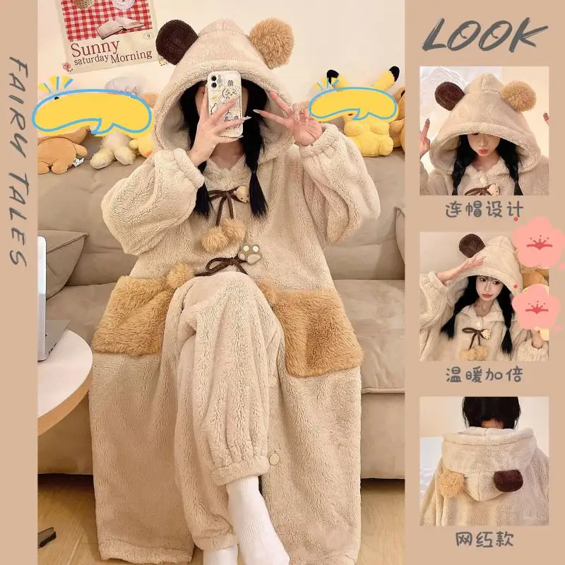 

winter Women's pajamas cute little bear robe Comfortable Sleepwear suit new model fleece-lined thicken coral fleece homewear