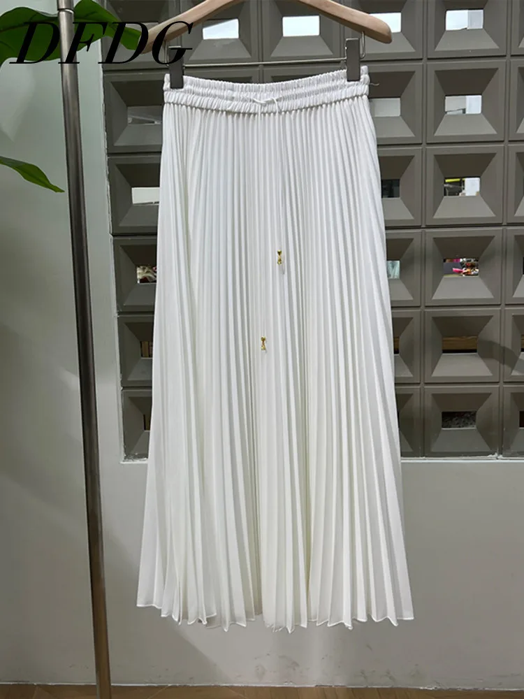 

DFDG 2025 Spring Summer Women’s Pleated Midi Skirt Elastic Waist Classic Premium Tummy Control A-Line Casual Office Daily Wear