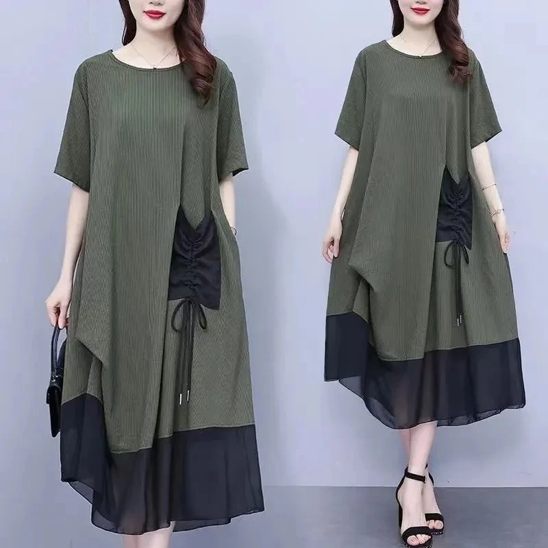 Summer New Fat Woman's Loose Plus-Size Belly-Covering Slim Dress Temperamental Age-Reducing Elegant And Spliced Women's Dress