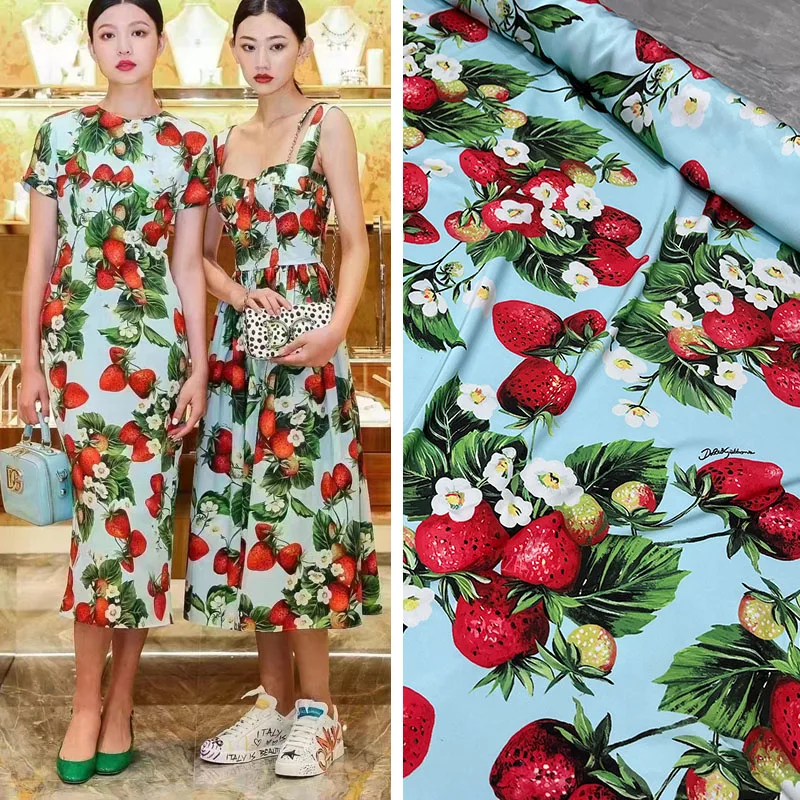 Natural Pure Poplin Cotton Fabric Brand Fashion Design Polyester Satin Strawberry Printed Chiffon Fabric Cloth Fo Dress Diy Sew