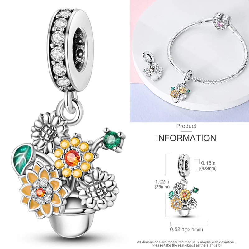Katzen- und Sonnenblumen-Charm aus 925 Sterling Silber, gelbe Blume, Sonnenblume, Hausperlen, passend für Original-Armreifen, Damen-DIY-Schmuck – Detail 26