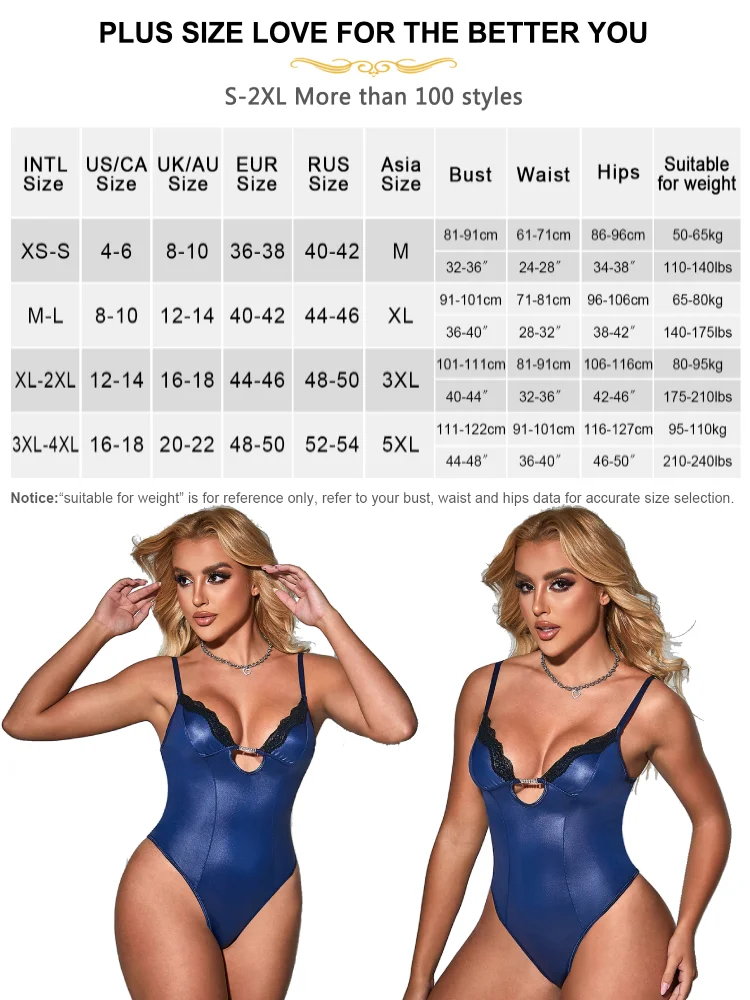 Comeondear Women Blue Bodysuits Faux Leather Leotard Sexy Jumpsuit Lingerie Plus Size Tights Pajamas Plump Strap Teddy Rompers