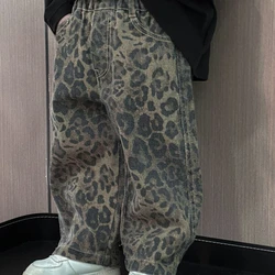 Children's Autumn Pants Boys' Leopard Print Jeans Korean Baby Clothing Kids Handsome Casual and Fashionable Loose Trousers
