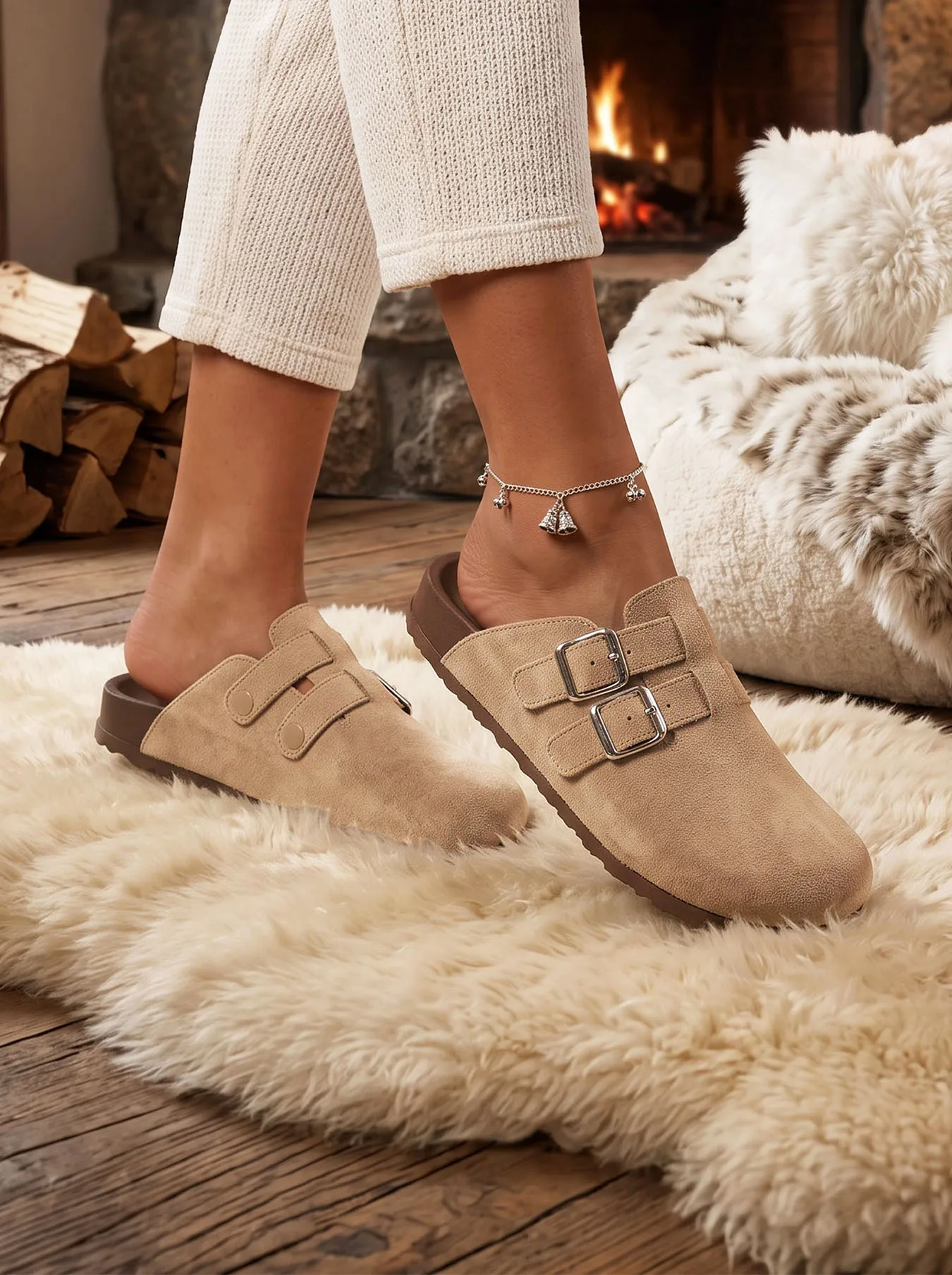 Men Suede Mules Plus Size Clogs Double Buckle Backless Slip On Fashion Casual Comfortable Walking Shoes 32-50