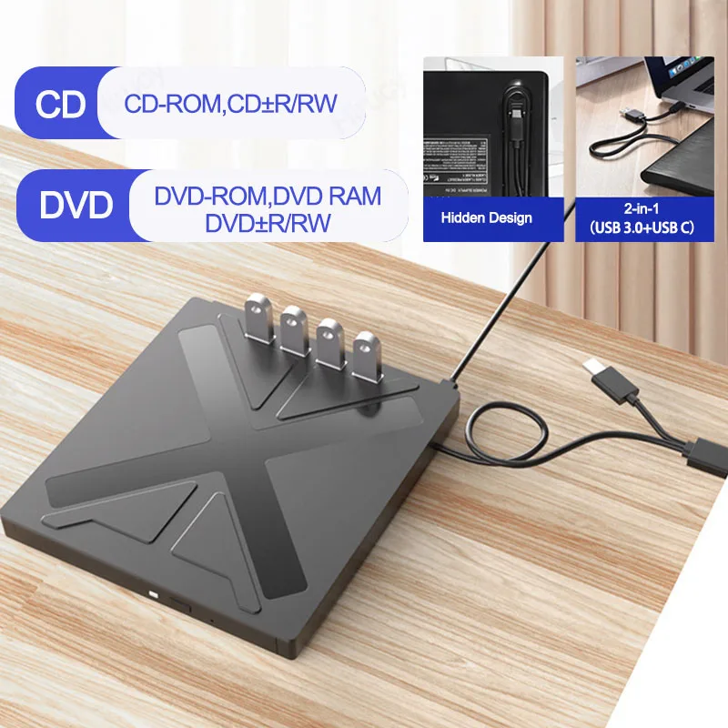 USB3.0 7-in-1ภายนอกดีวีดีออปติคอลไดรฟ์ตัวอ่านเครื่องเล่น CD DVD แบบพกพาเครื่องเขียนที่มีช่องบัตร TF SD สำหรับพีซีแล็ปท็อป