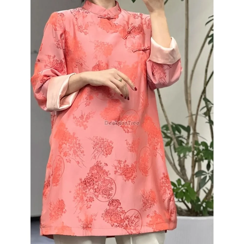 2024 chinese style improved printing diagonal front buckle cheongsam top long sleeve mid length jacket fashionable loose  shirt