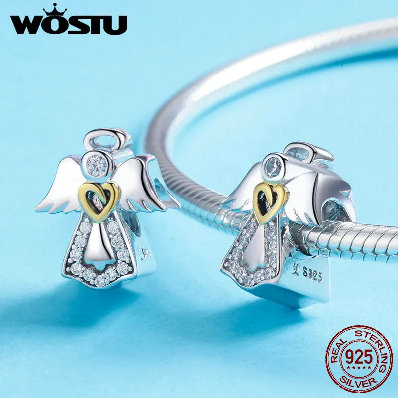 WOSTU 925 Sterling Silver Cross Charm ciondolo angelo custode fortunato perline a ferro di cavallo Fit bracciali fai da te collana gioielli di