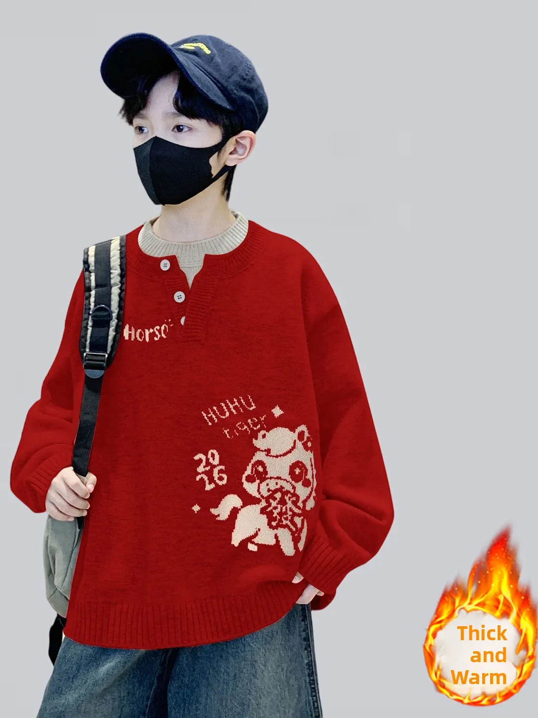 

Теплый свитер Thiened с двойным воротником для мальчиков, повседневный, удобный, из мягкого материала, длинный свек, круглый, стандартного кроя, зима...