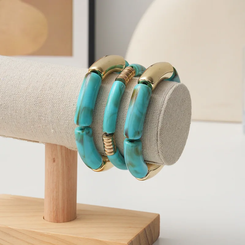 European and American fashion acrylic elbow bracelet personalized bracelet curved bamboo tube multi-color retro marble pattern b