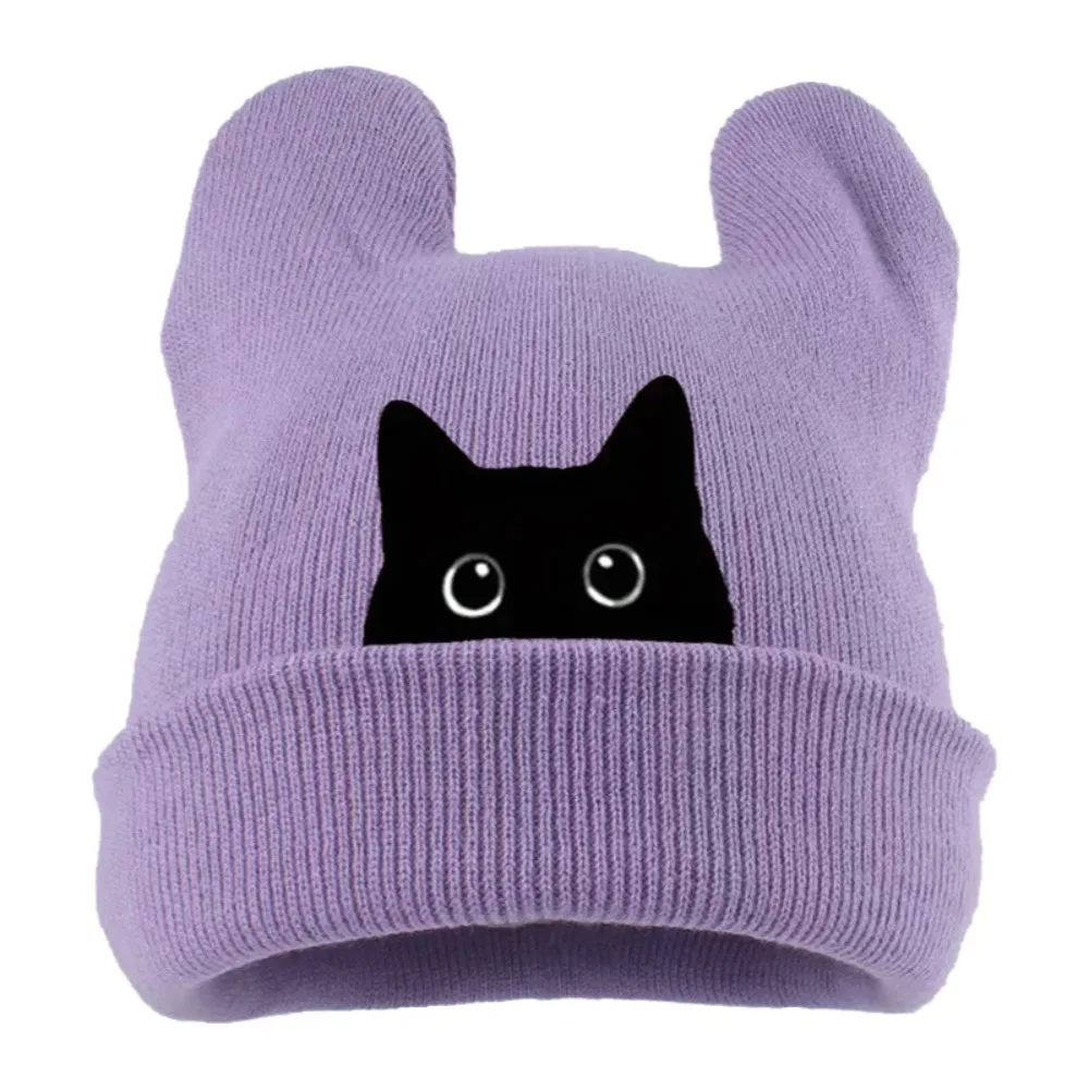 Casual Knit Cat Ear Beanie Hat Y2K Harajuku Punk Gothic Brimless Skull Cap Stretchable Winter Knit Hat Spring Autumn Winter