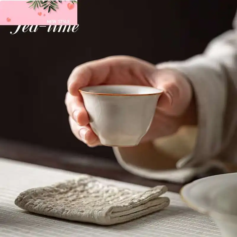 

Бежевая чайная чашка Ru Kiln, китайская чайная чашка, чаша для чая, фарфоровые чашки, подарок Цзиндэчжэнь, милая керамическая чайная посуда, заварочный инструмент, пара чаа