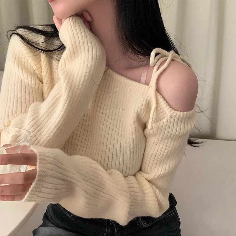 Irregular Skew Collar Sweater Off Shoulder Ropa Mujer Lace Up Bow Pullover Feminino Sexy Womens Clothing Korean Knitwears