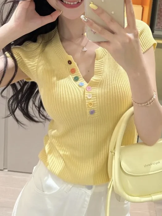 

Korean Style Short Sleeve V-Neck Button up Women's T-Shirt Slim Fit Summer Top Shoulder Level Shirt for Young Girls