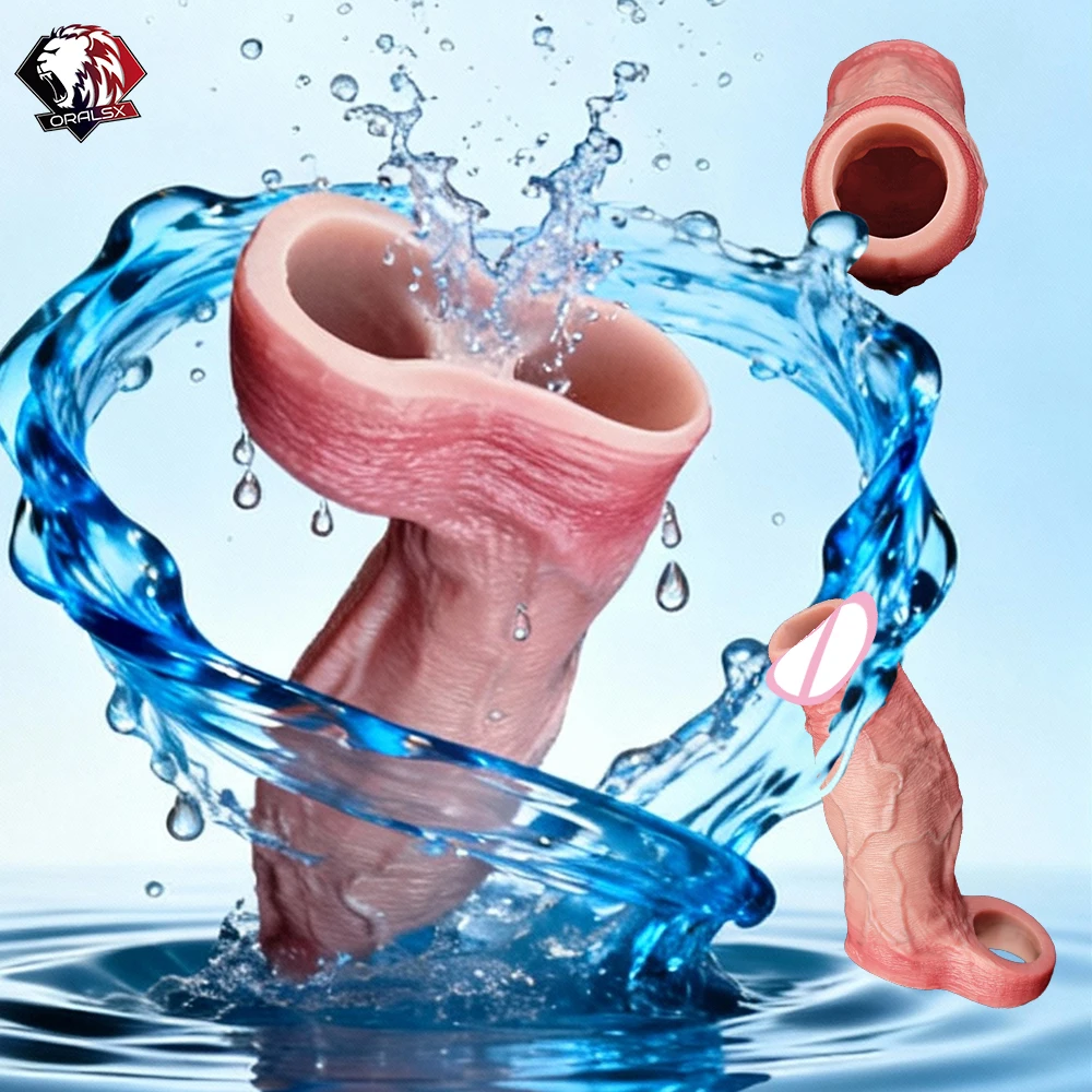 ORALSX 10 أنماط سيليكون واقعية مفتوحة نهاية القضيب كم مع تأخير القذف الجنس لعب الذكور غطاء الديك ديك المكبر #1