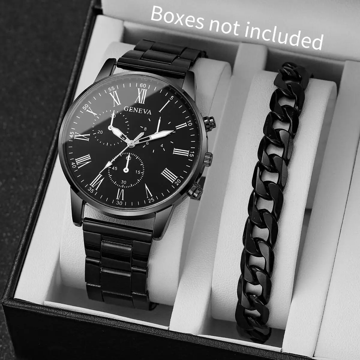 

2PCS/Set Fashion Men Business Watches Casual Black Band Mens Quartz Wrist Watch Bracelet Set Reloj Hombre（Without Box）