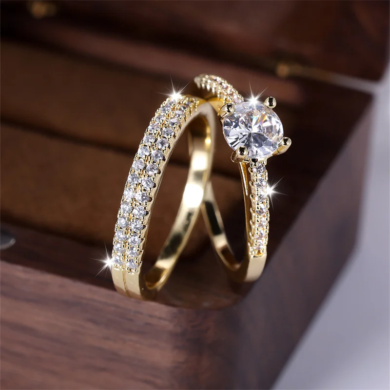 2pcs Female Round Gold Color White Zircon Stacking Couple Ring Set Bridal Women Wedding Bands Party Jewelry CZ