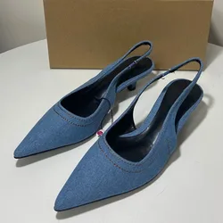 Sandali con tacco da donna in Denim blu punta a punta Stiletto eleganti Slingbacks scarpe da ufficio da donna in offerta calzature estive Comfort