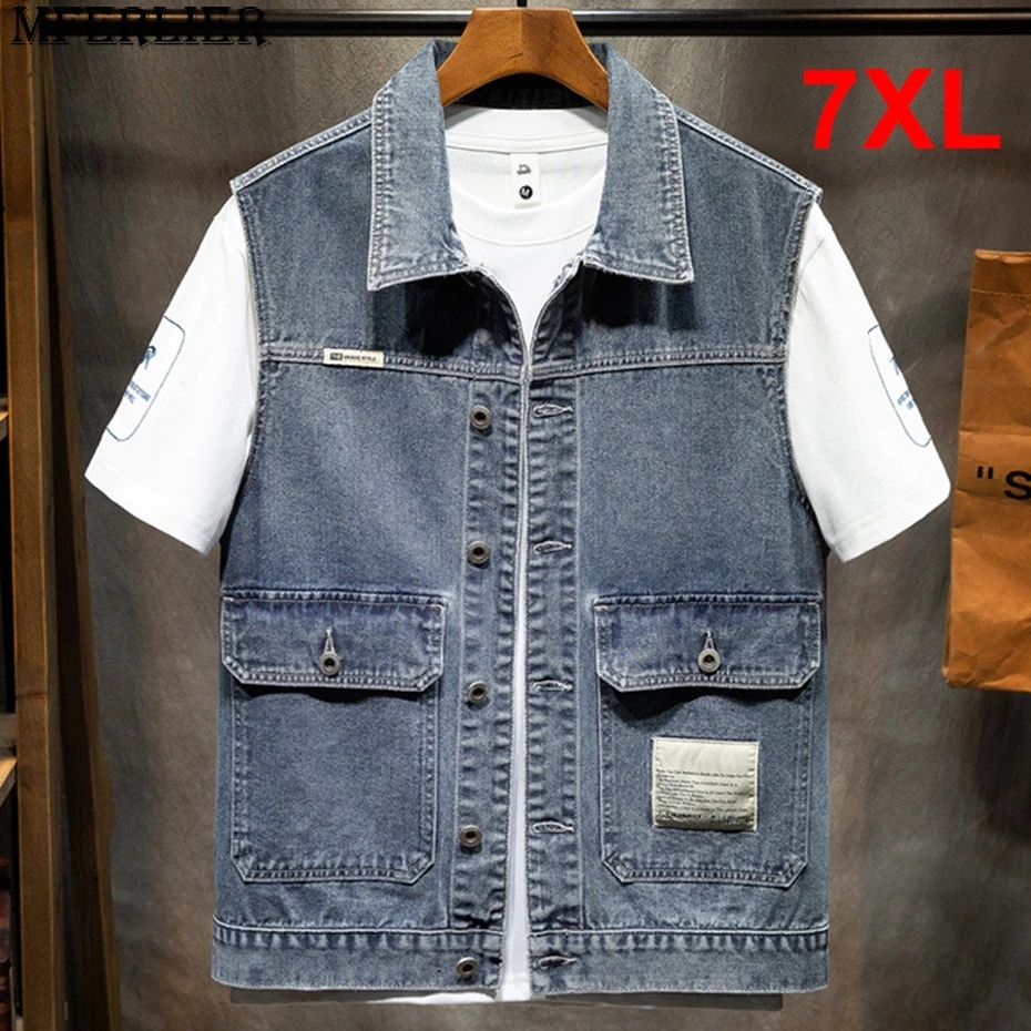 

Denim Vests Men Plus Size 7XL Spring Autumn Pocket Cargo Denim Vest Jacket Male Big Size 7XL Sleeveless Jackets