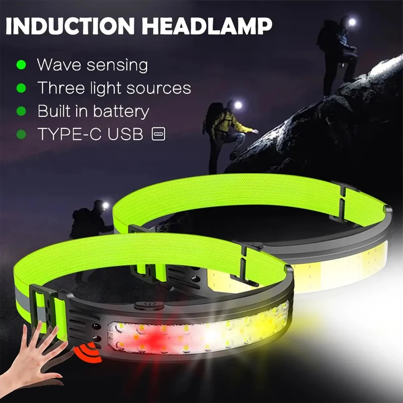 

Led COB Sensor Headlamp Built in Battery Usb Rechargeable 6 Lighting Modes Head Torch Outdoor Camping Fishing Search Headlight