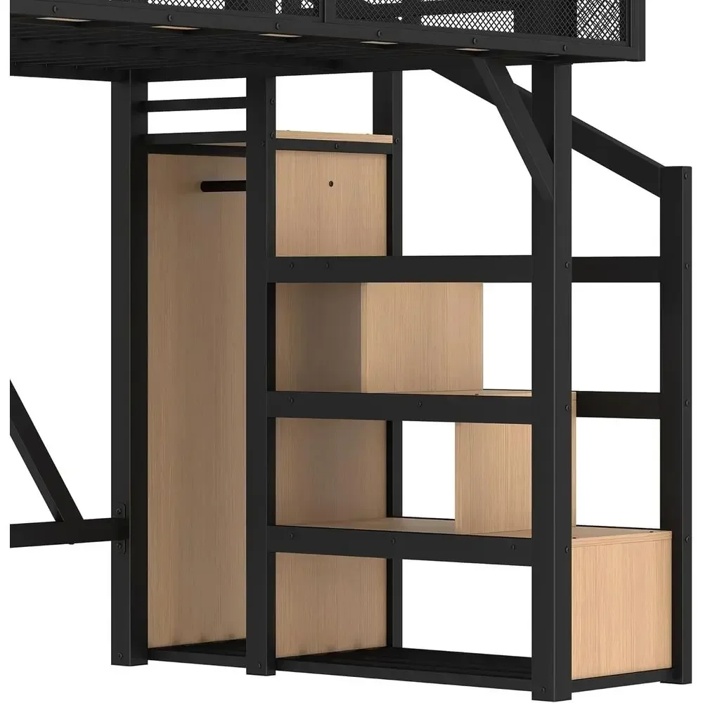 Twin XL Metal Bed with Stairs, Wardrobe, LED Lights, USB Ports for Teens, Black Natural view 5
