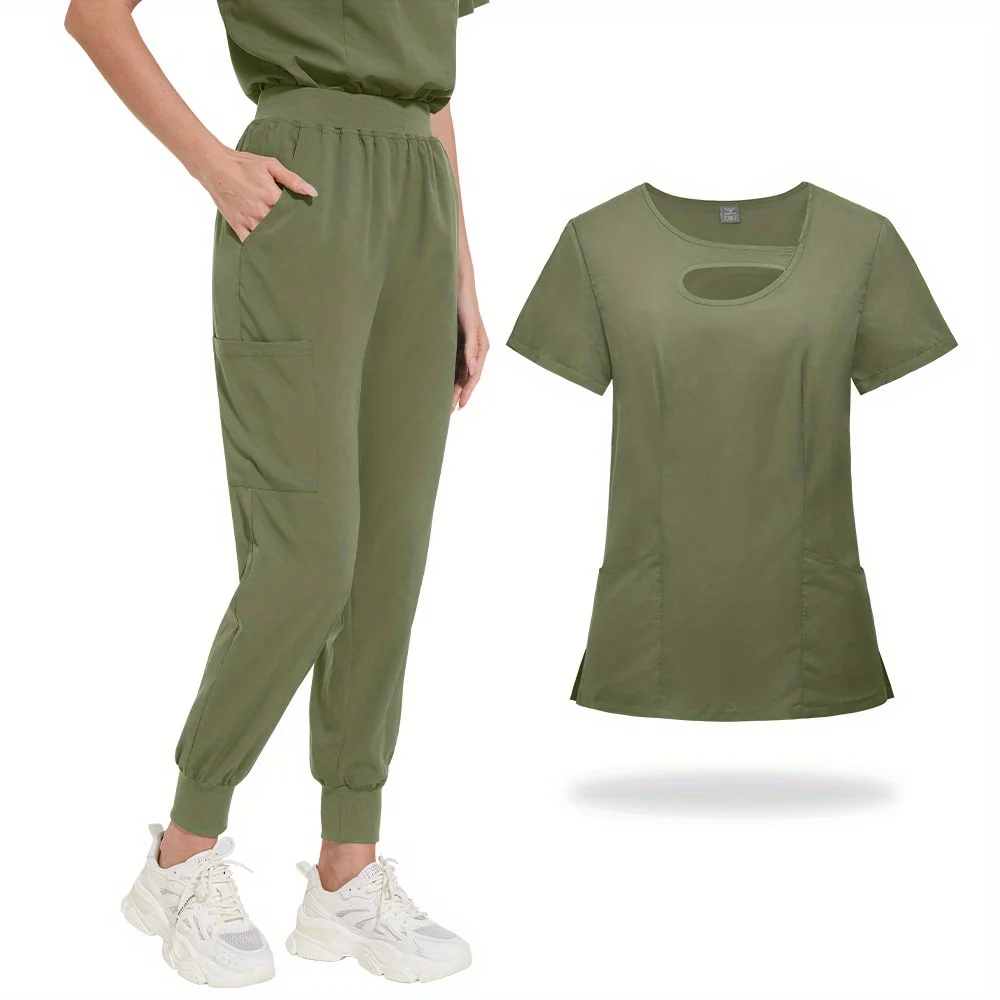 2 Piece Hollow Out Solid Color Women Short Sleeve Scrub Set Lightweight Long Pants Uniform for Beauty Salons