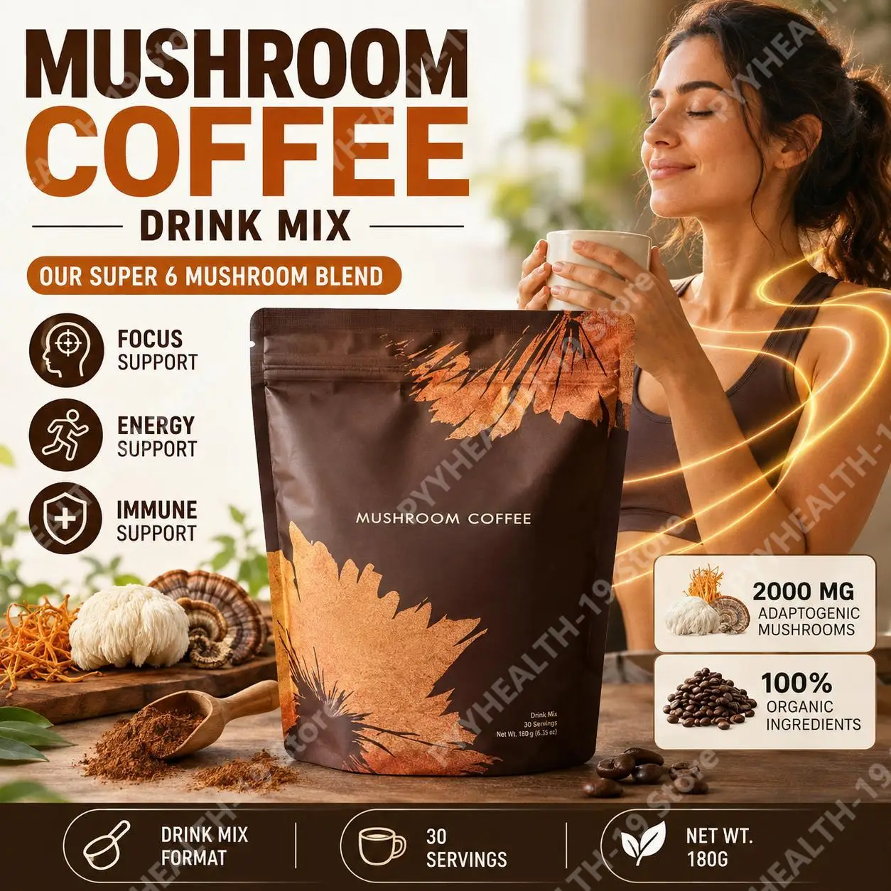 Mushroom Coffee Drink Mix Powder 2000mg 6 Blend Lion's Mane Cordyceps Reishi For Focus Energy Immune Support Wellness Adult 180g